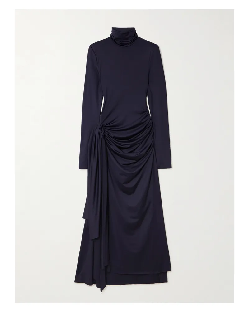 Victoria Beckham Gathered Draped Jersey Turtleneck Midi Dress - Blue Blue
