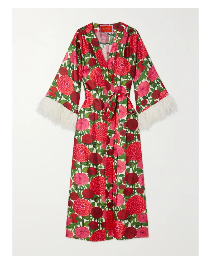 La DoubleJ Boudoir Maxikleid Aus Seiden-twill Mit Blumenprint, Federn Und Bindegürtel - Pink Pink