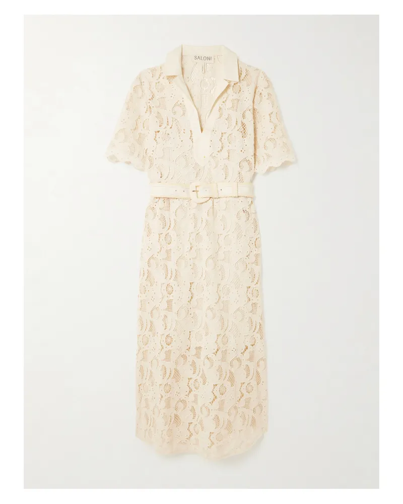 Saloni Suni Midikleid Aus Baumwolle Mit Lochstickerei Und Gürtel - Creme Creme
