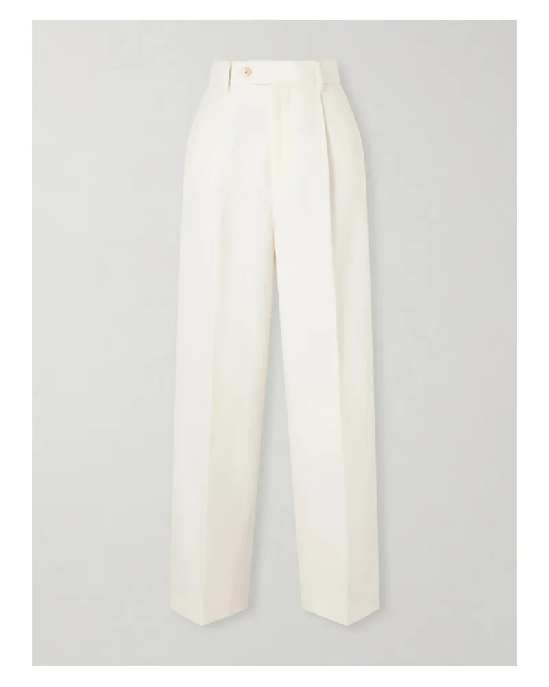 AURALEE Pleated Wool, Cotton And Linen-blend Oxford Wide-leg Pants - Off-white Off-white