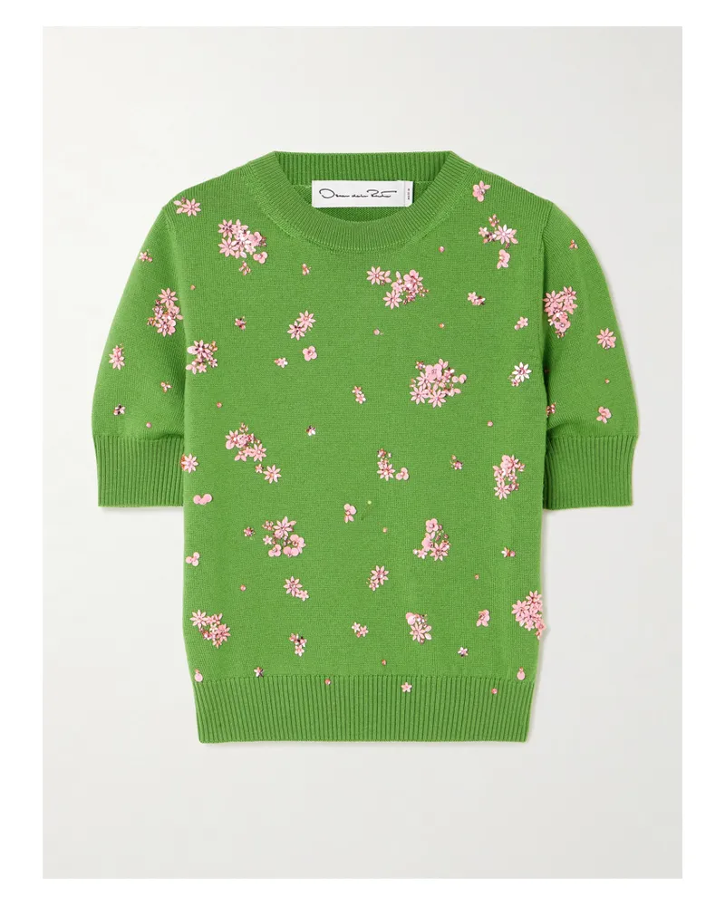 Oscar de la Renta Floral Crystal And Sequin-embellished Wool Sweater - Green Green