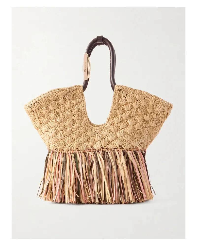 Zimmermann Goldentime Large Embellished Leather-trimmed Fringed Raffia Tote - Neutrals Neutrals