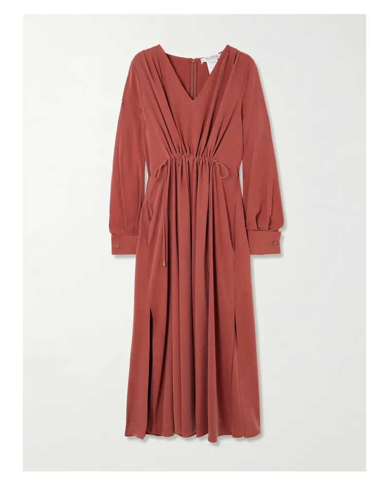 Max Mara Gathered Silk Midi Dress Red