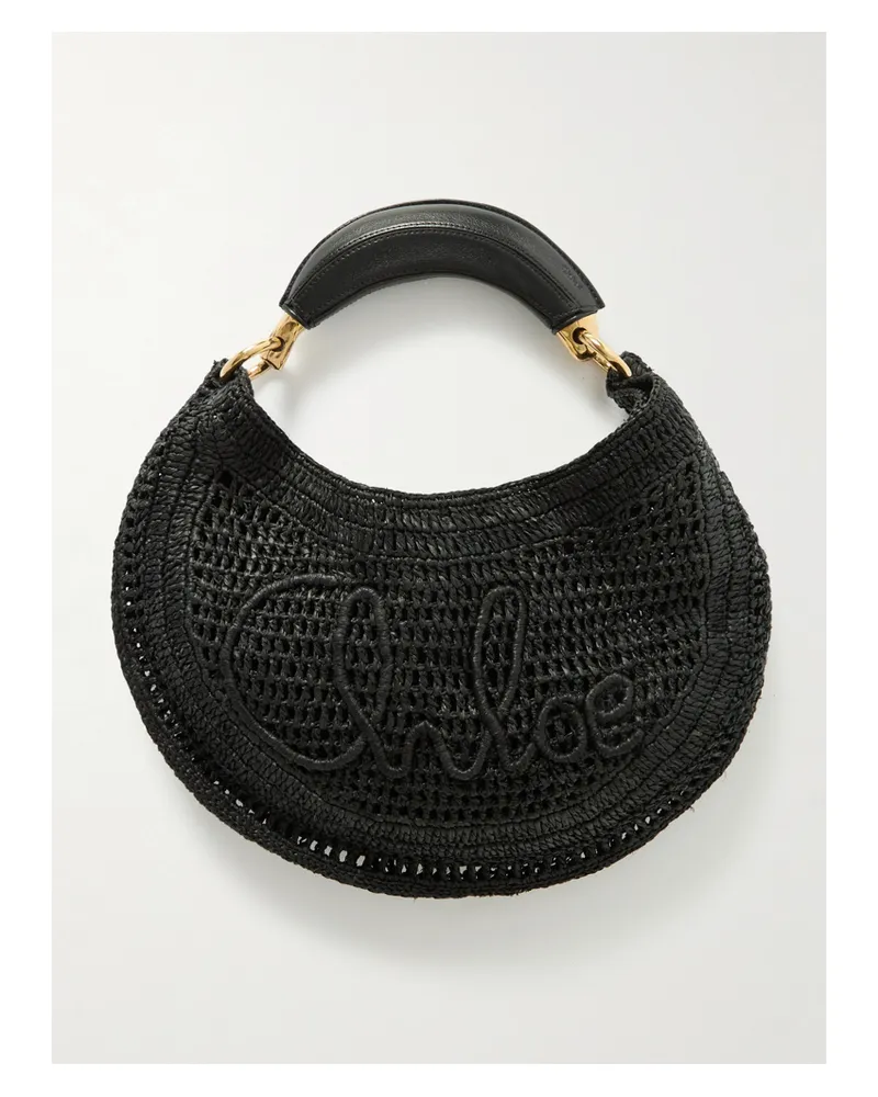 Chloé Summer Banana Leather-trimmed Embroidered Faux Raffia Tote - Black Black