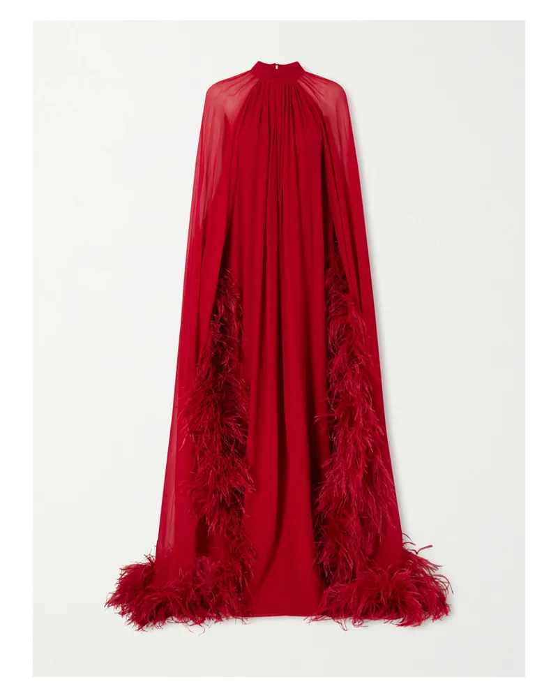 Taller Marmo Eterea Cape-effect Feather-trimmed Chiffon Gown - Red Red