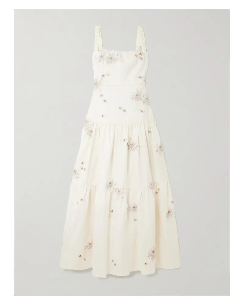 AGUA BENDITA Lima Embellished Appliquéd Tiered Linen Maxi Dress - Off-white Off-white