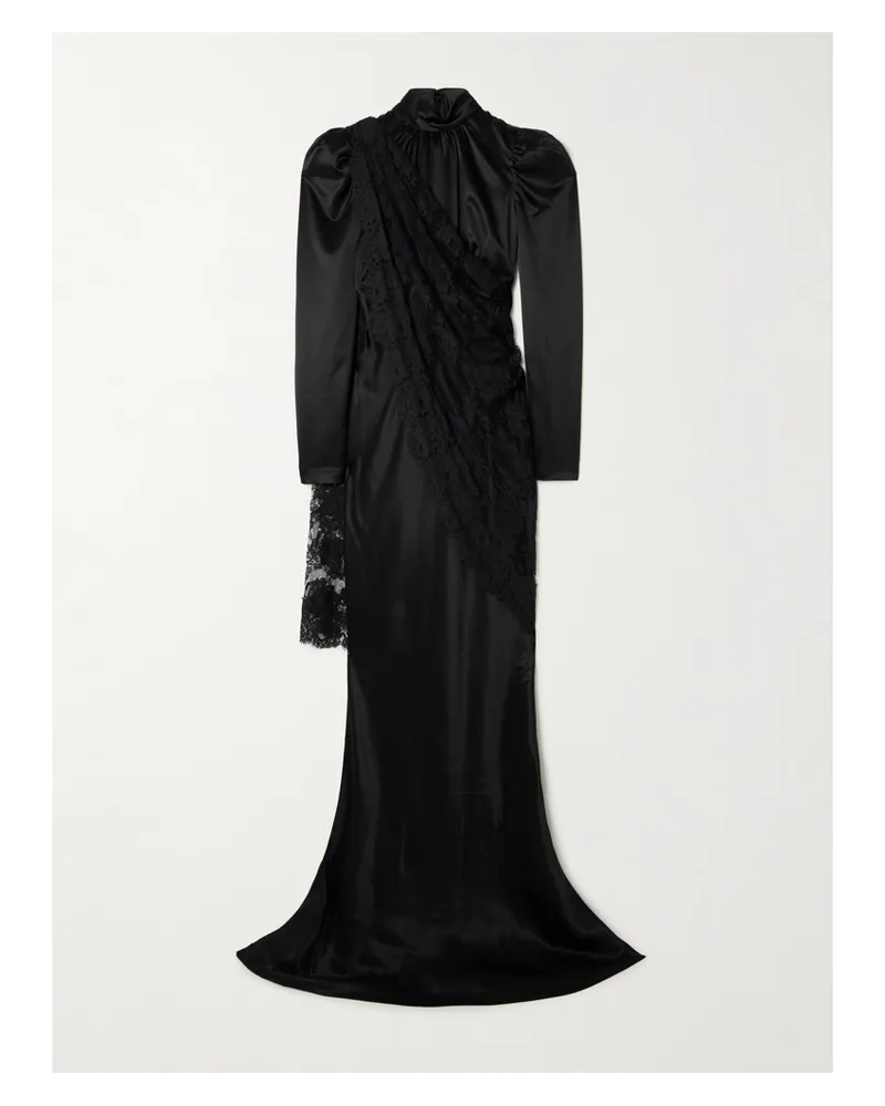 Alessandra Rich Cape-effect Lace-trimmed Silk-satin Gown - Black Black