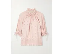 Tie-detailed Gathered Broderie Anglaise Cotton Blouse - Pink