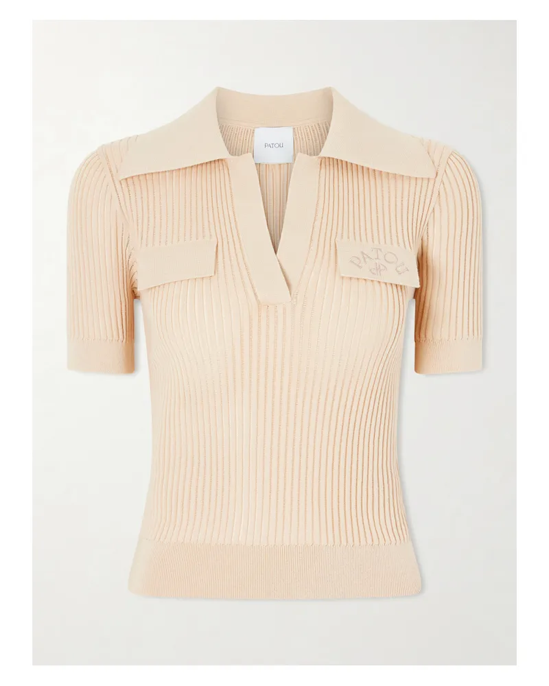 Patou Embroidered Ribbed Cotton Polo Shirt - Neutrals Neutrals