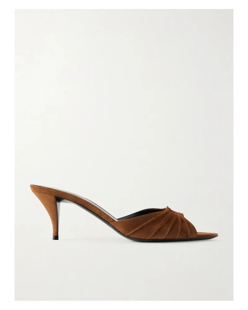 Saint Laurent Babylone Embellished Gathered Suede Mules - Brown Brown