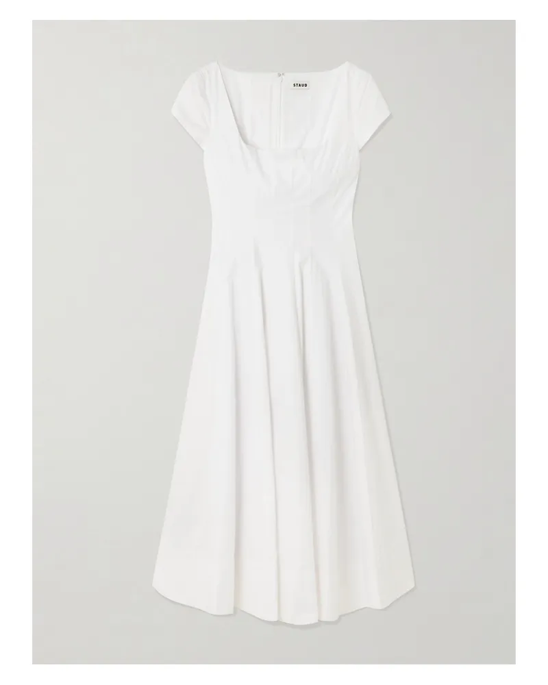 STAUD Wells Pleated Cotton-blend Poplin Midi Dress - White White