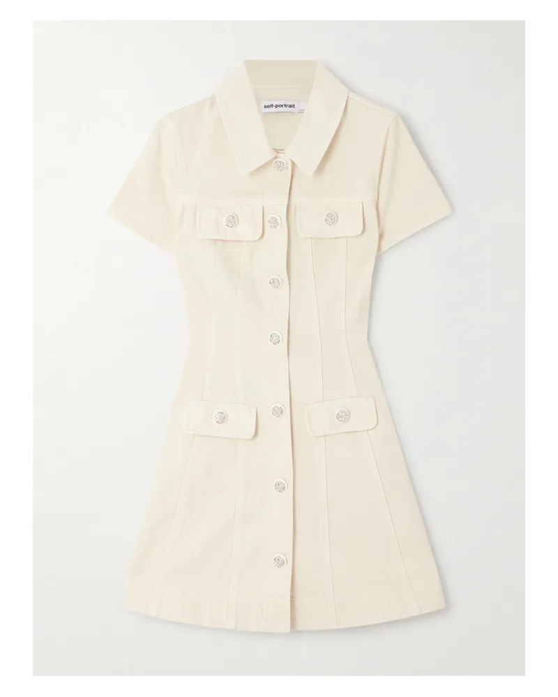 Self-Portrait Mini-hemdblusenkleid Aus Denim Mit Kristallen - Creme Creme