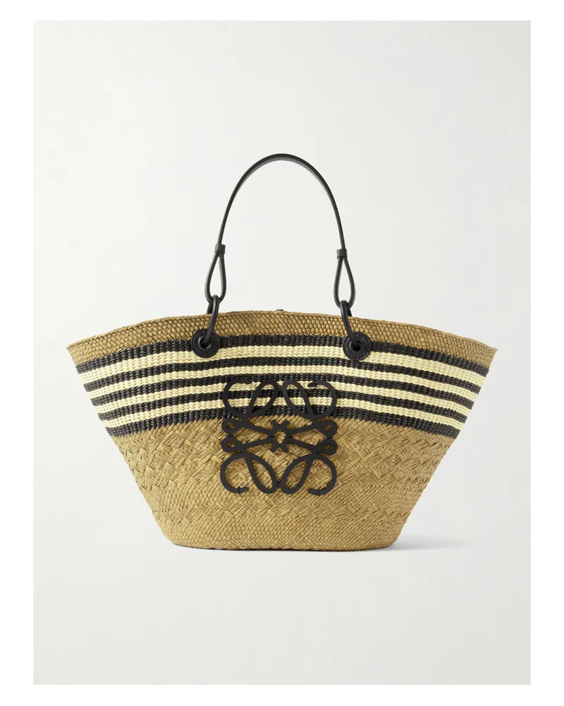 Loewe Paula's Ibiza Anagram Basket Medium Leather-trimmed Striped Raffia Tote - Green Green