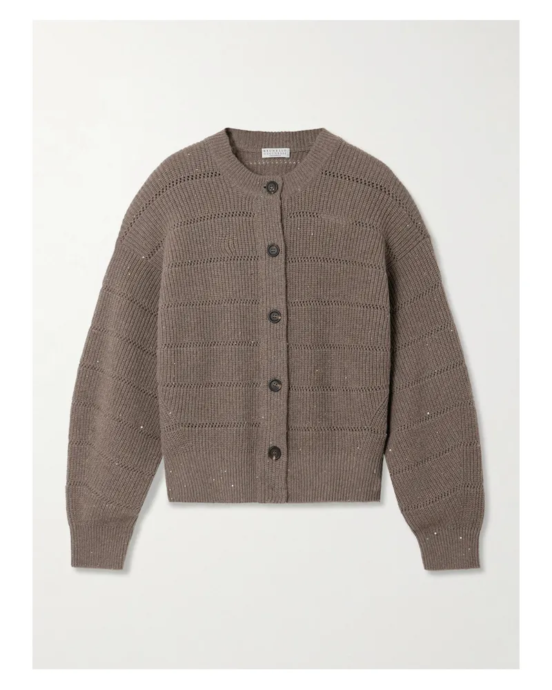 Brunello Cucinelli Cardigan Aus Pointelle-strick Mit Pailletten - Braun Braun