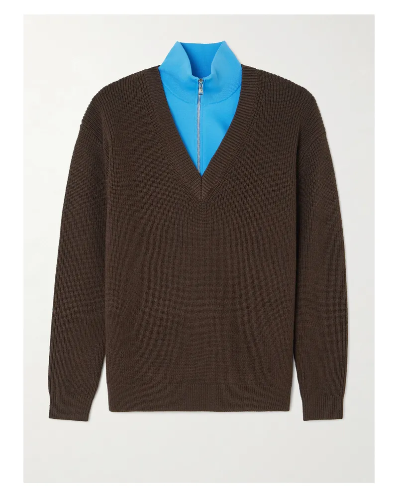 tibi Layered Knit-trimmed Ribbed Wool-blend Half-zip Sweater - Brown Brown
