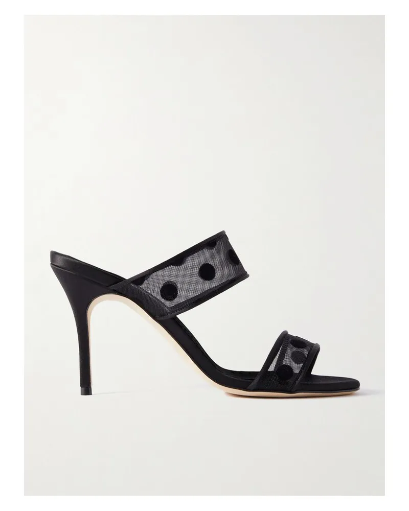 Manolo Blahnik Scolobi 90 Mules Aus Mesh Mit Satinbesätzen Und Flockprint - Schwarz Schwarz