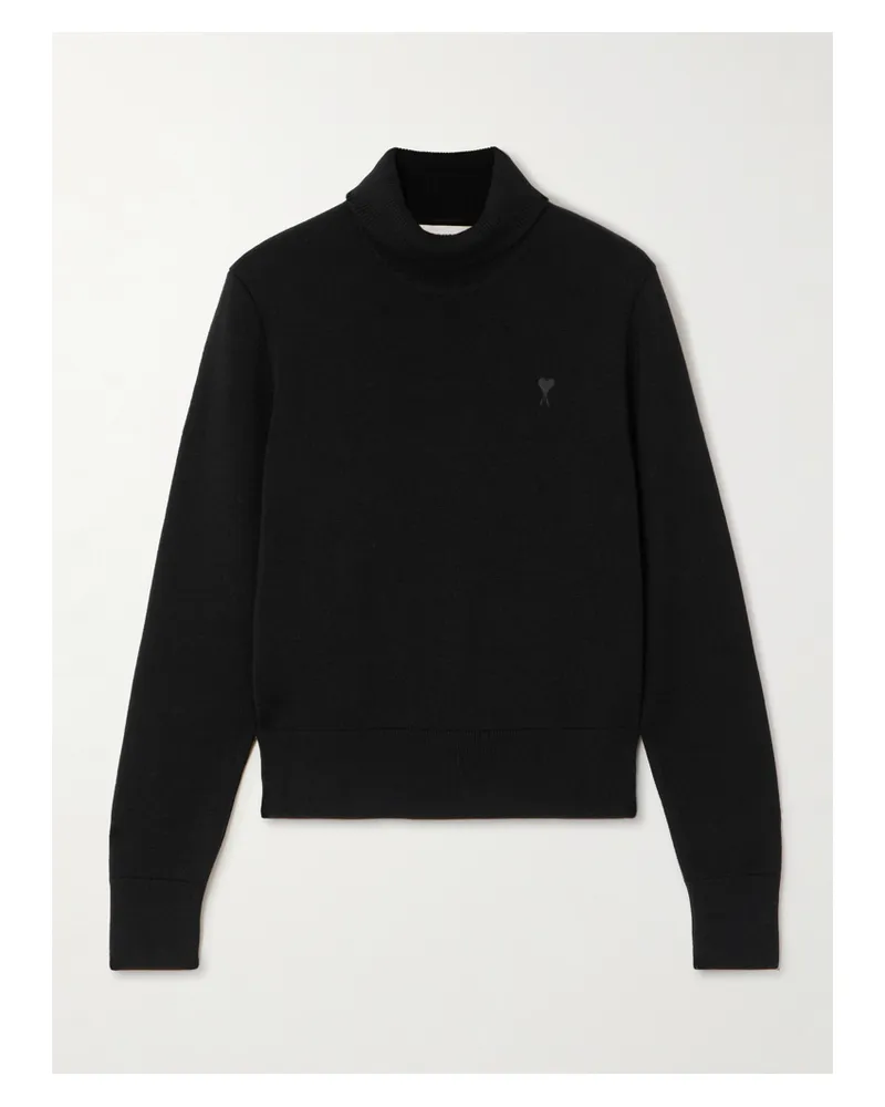 AMI Paris Rollkragenpullover Aus Wolle Mit Stickerei - Schwarz Schwarz
