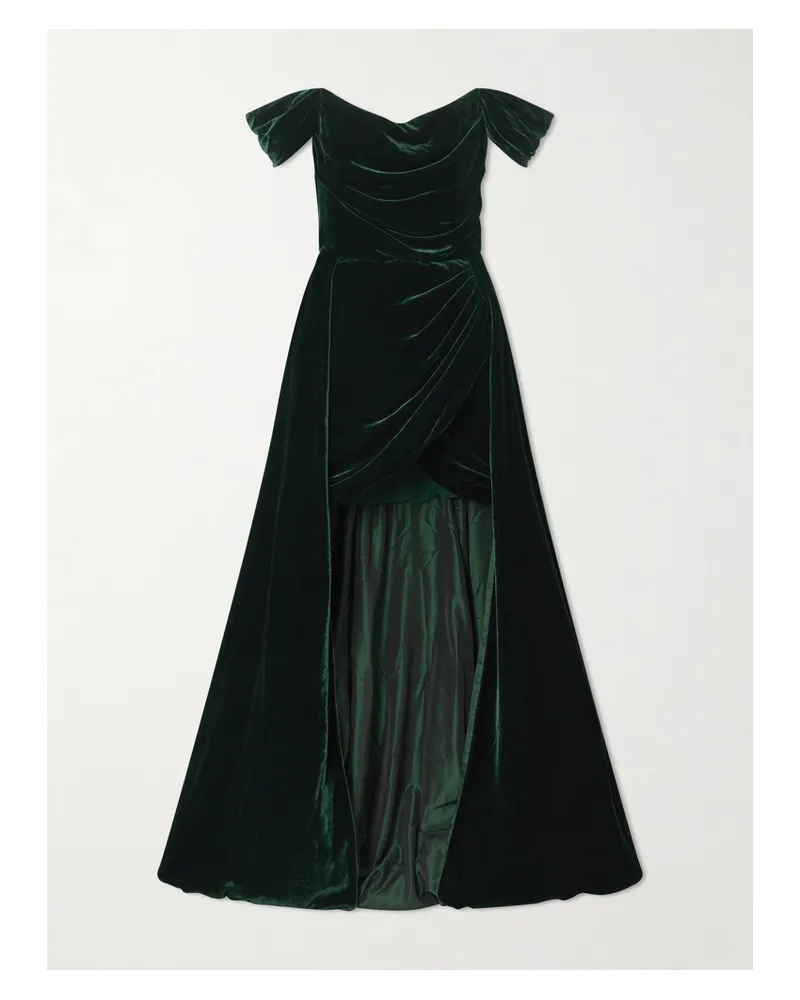 COSTARELLOS Off-the-shoulder Asymmetric Velvet Gown - Green Green