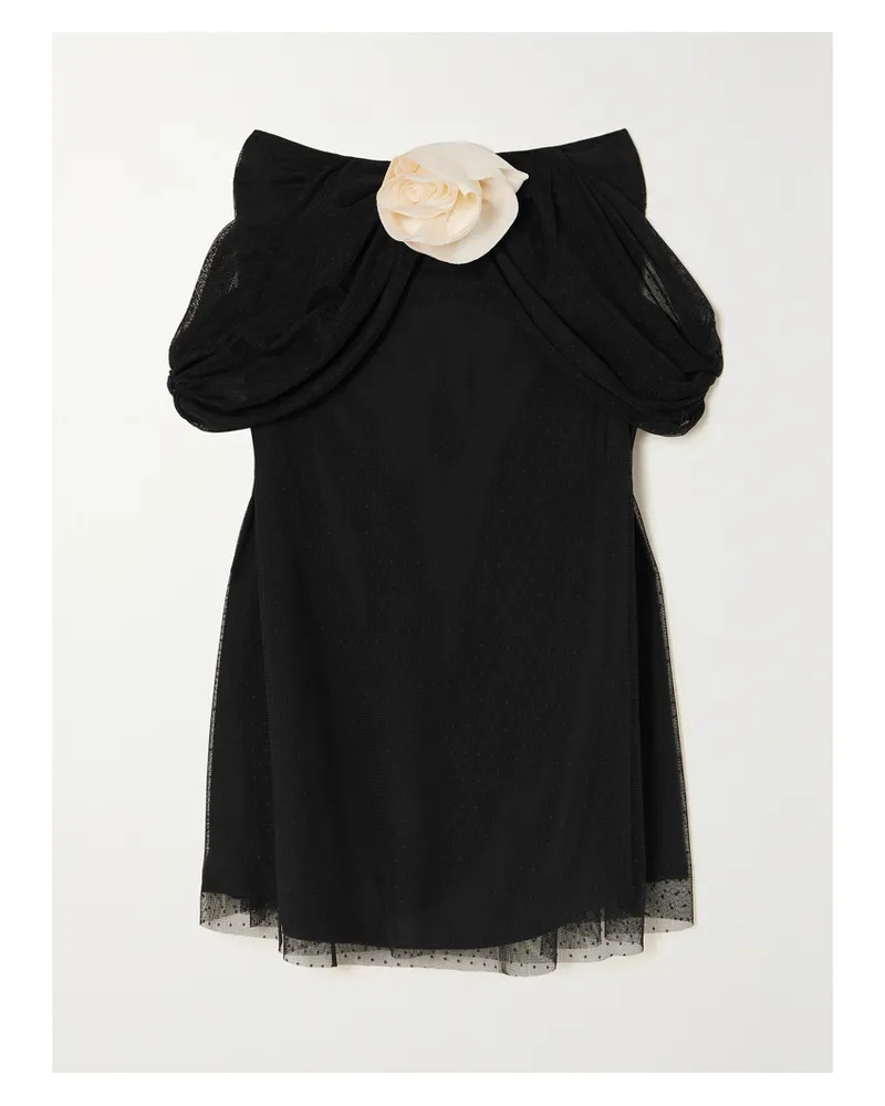 BERNADETTE Daffodil Minikleid Aus Crêpe De Chine Und Seide Und Point D'esprit Aus Tüll Mit Blumenapplikation - Schwarz Schwarz