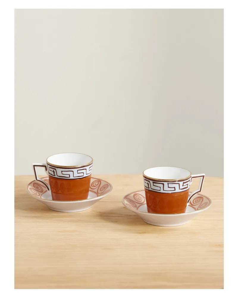 Ginori 1735 Luke Edward Hall Il Viaggio Di Nettuno Set Aus Zwei Porzellantassen Und -untertassen Mit Vergoldeten Details - Orange Orange