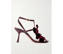 Orchid Appliquéd Velvet-trimmed Glossed-leather Sandals - Burgundy