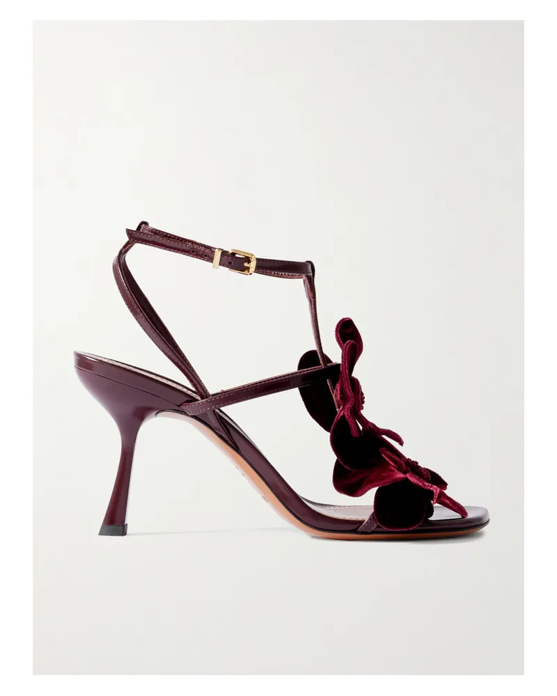 Zimmermann Orchid Appliquéd Velvet-trimmed Glossed-leather Sandals - Burgundy Burgundy