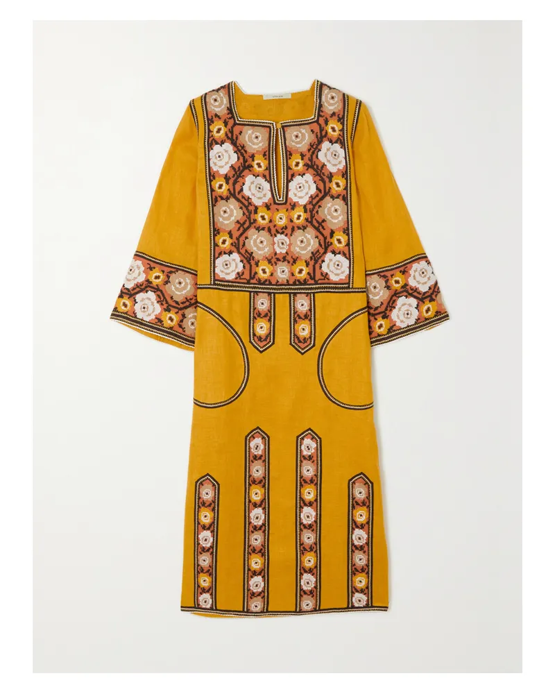 VITA KIN Bulgarian Rose Midikleid Aus Leinen Mit Stickereien - Gelb Gelb