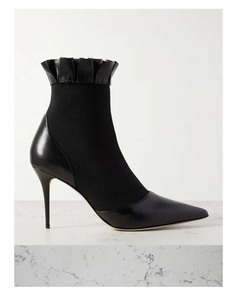 Manolo Blahnik Nafar 90 Ankle Boots Mit Spitzer Kappe Aus Stretch-strick Mit Lederbesätzen Und Rüschen - Schwarz Schwarz