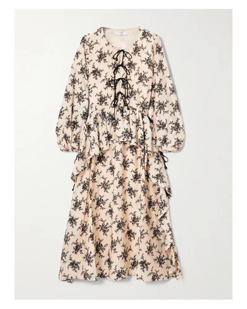Sea Joan Midikleid Aus Voile Mit Blumenprint Und Volant Zum Binden - Creme Creme