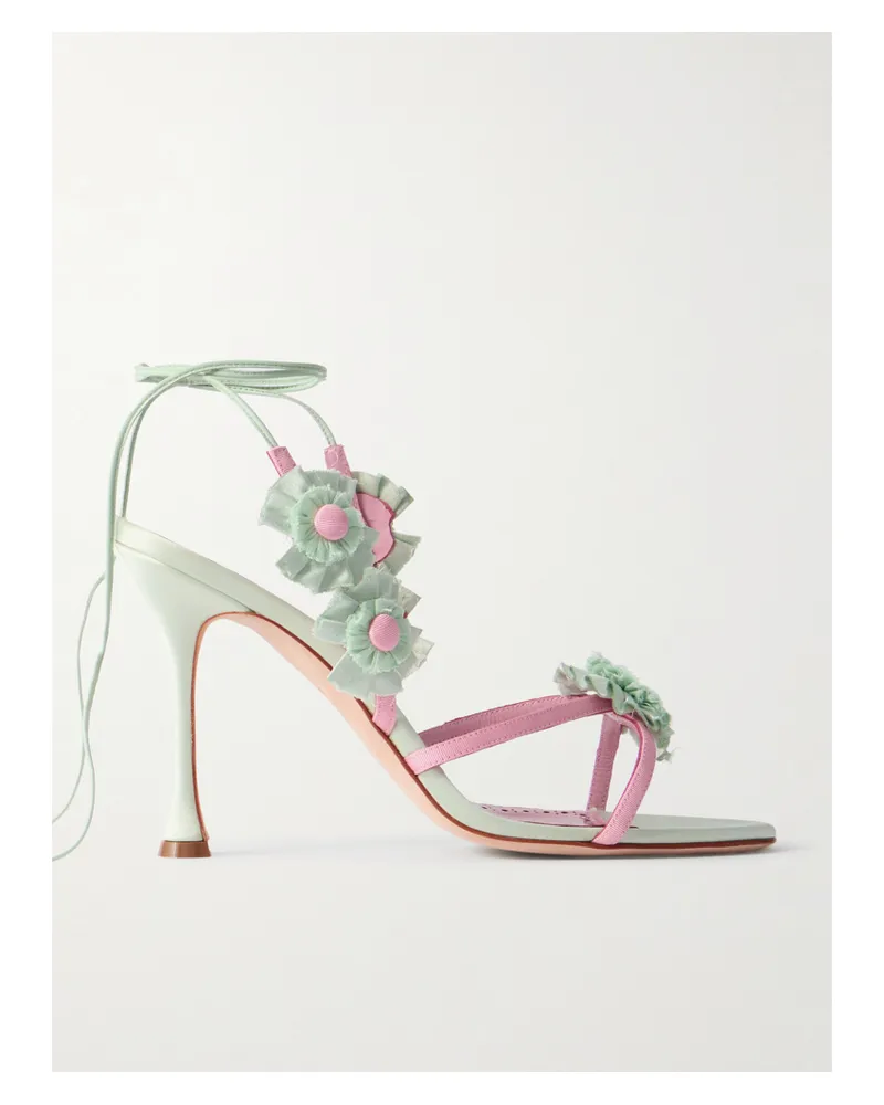 Manolo Blahnik Palissot Sandalen Aus Satin Und Ripsband Mit Applikationen Und Lederbesätzen - Grün Grün