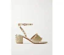 Rockstud 60 Embellished Raffia-trimmed Metallic Leather Sandals - Gold
