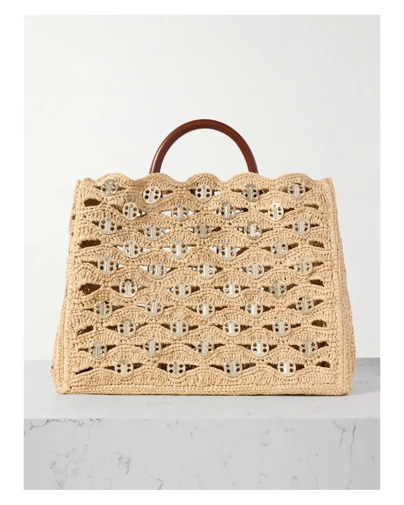 Paco Rabanne 1969 Leather-trimmed Chainmail-embellished Raffia Tote - Neutrals Neutrals
