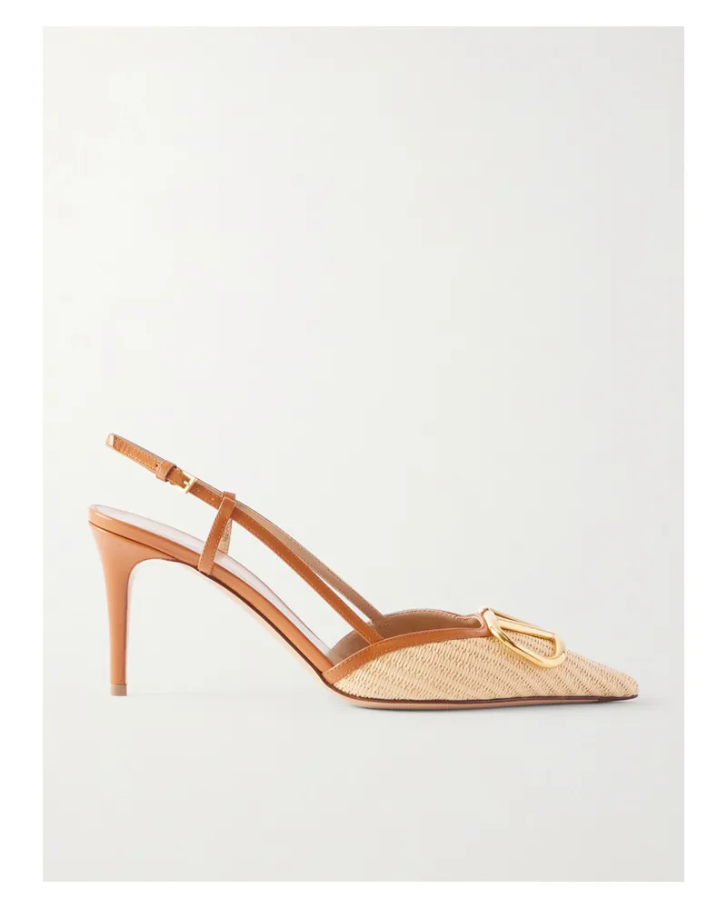 Valentino Garavani Vlogo Leather-trimmed Raffia Slingback Pumps - Neutrals Neutrals