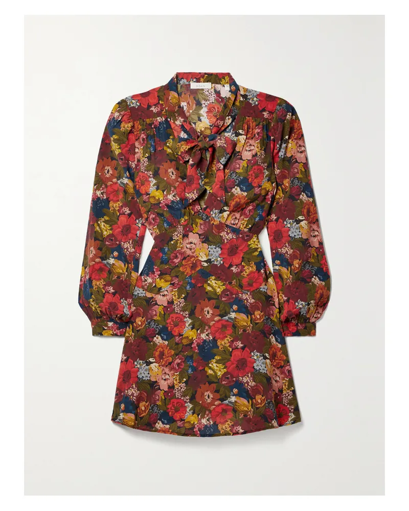 DÔEN Kira Minikleid Aus Seiden-georgette Mit Schluppe, Bindegürtel Und Blumenprint - Rot Rot