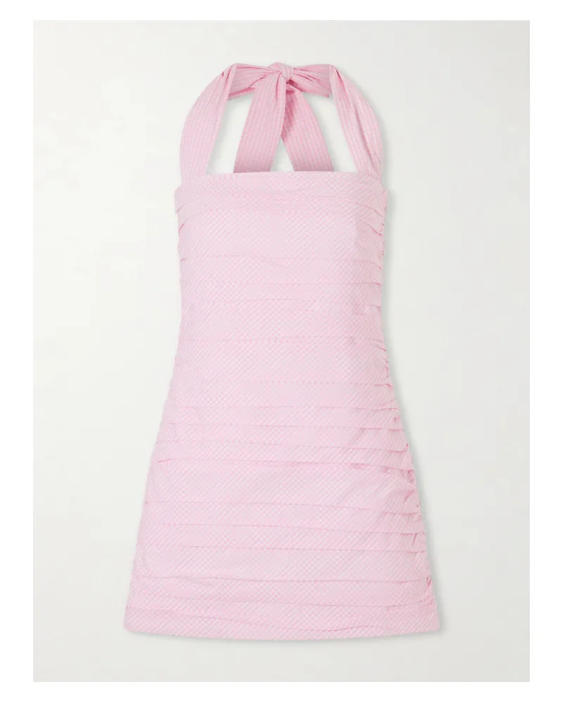 BERNADETTE Tippy Ruched Checked Cotton Halterneck Mini Dress - Pink Pink