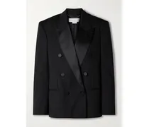 Doppelreihiger Oversized-blazer Aus Wolle Mit Satinbesatz - Schwarz