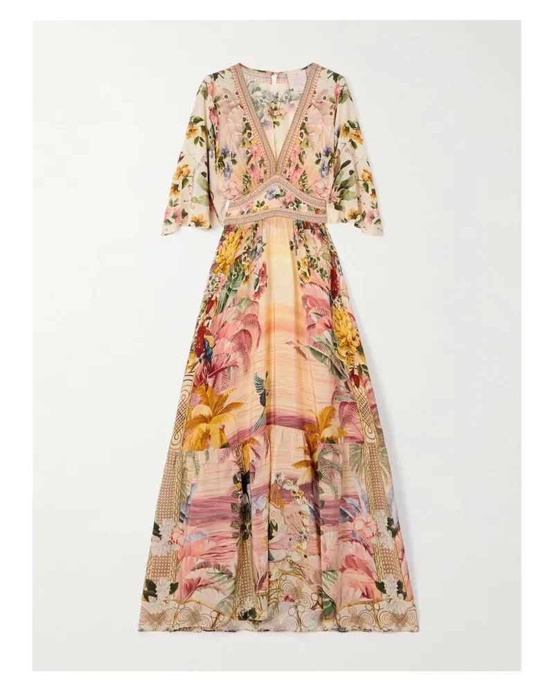 Camilla The White Lotus Maxikleid Aus Bedrucktem Seidensatin Mit Kristallen - Pink Pink