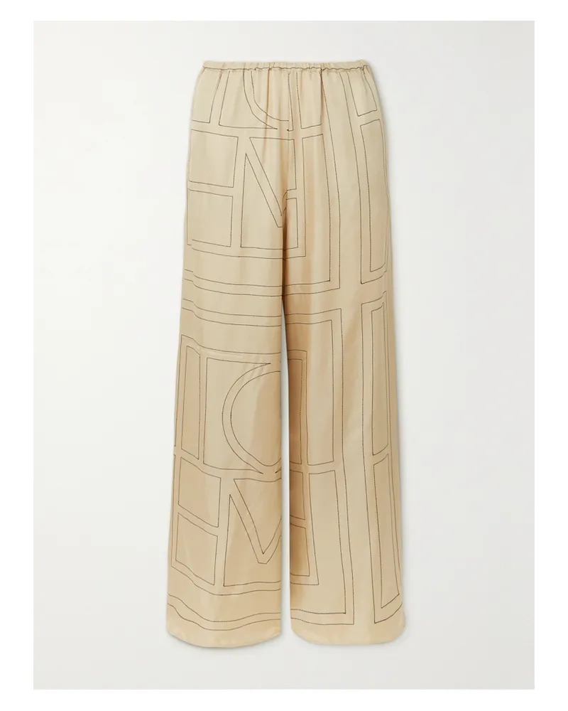 Totême Embroidered Silk-twill Wide-leg Pants - Neutrals Neutrals