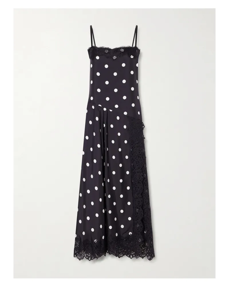 SPORTMAX Polka-dot Pleated Lace-trimmed Silk Maxi Dress - Black Black