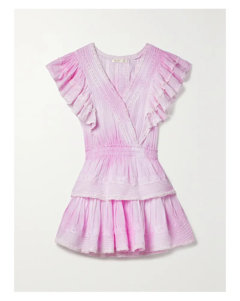 LoveShackFancy Gwen Minikleid Aus Baumwolle Mit Lochstickerei, Spitzenbesatz Und Rüschen In Batikoptik - Pink Pink