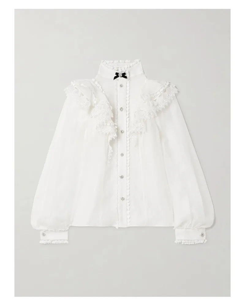 Zimmermann Crush Hemd Aus Organza Aus Einer Leinen-seidenmischung Mit Guipure-spitzenbesätzen Und Kristallen - Elfenbein Elfenbein