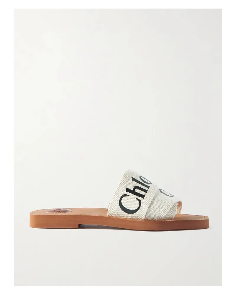 Chloé Woody Pantoletten Aus Canvas Mit Logoprint - Weiß Weiß