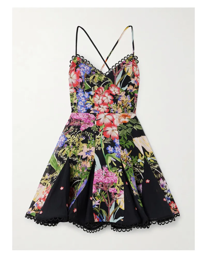 Charo Ruiz Marlene Minikleid Aus Voile Aus Einer Baumwollmischung Mit Blumenprint Und Schnürung - Schwarz Schwarz