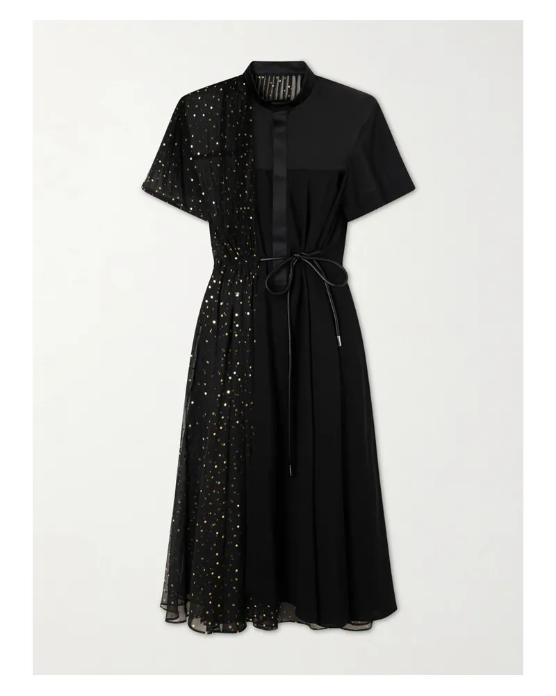 Sacai Belted Polka-dot Chiffon And Satin Midi Dress - Black Black