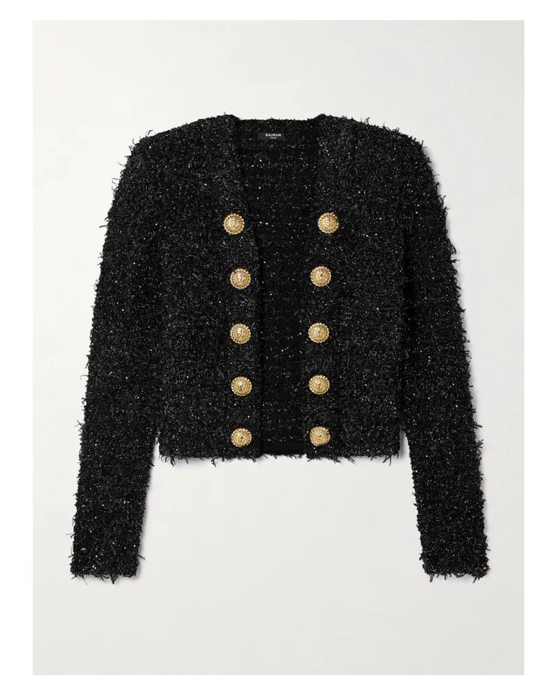 Balmain Jacke Aus Metallic-bouclé-tweed Mit Zierknöpfen - Schwarz Schwarz