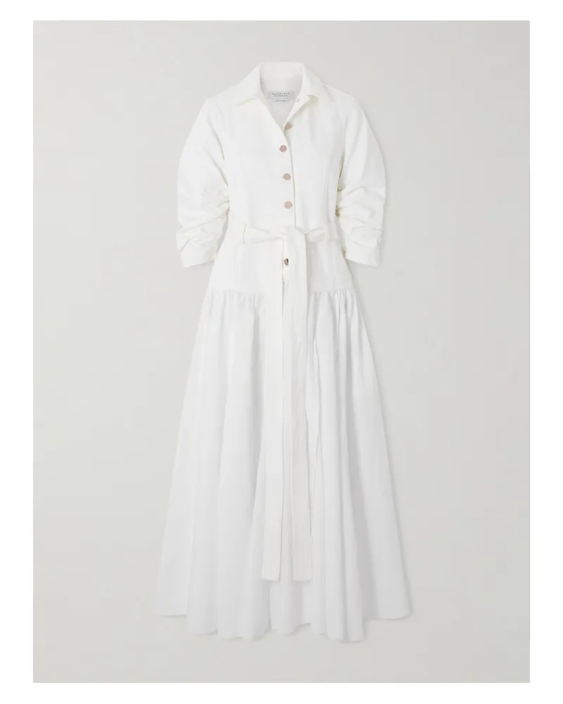 Gabriela Hearst Delyth Belted Frayed Pleated Denim-blend Linen Midi Dress - White White