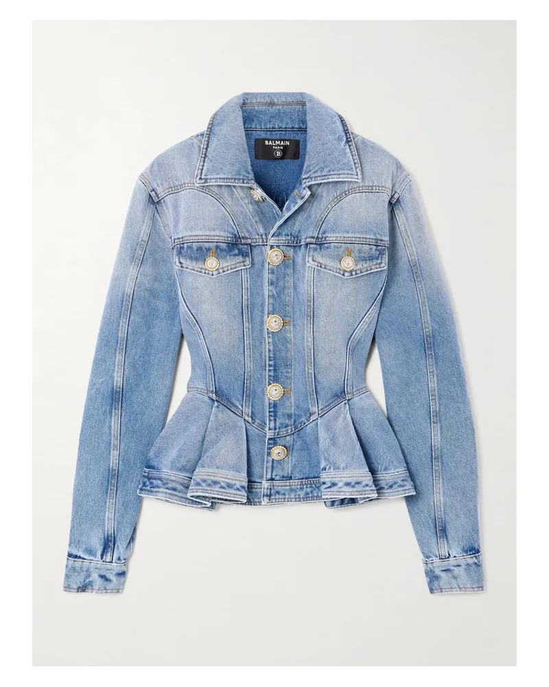 Balmain Jeansjacke mit Falten Und Schößchen Blau