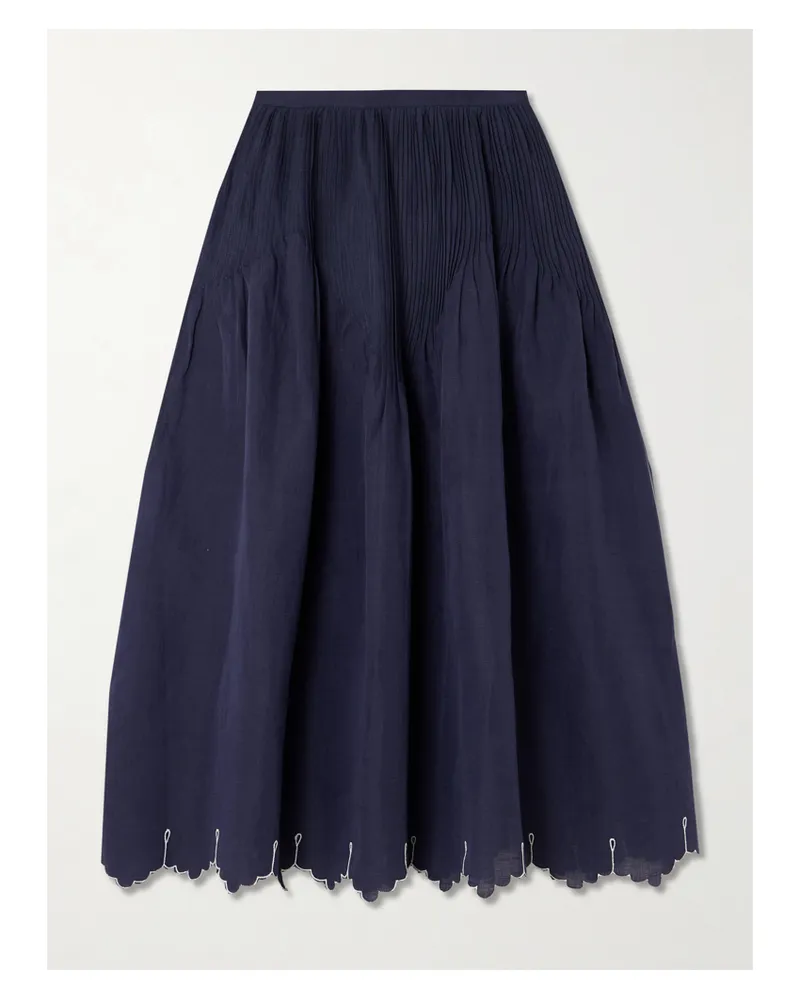 Thierry Colson Verde Pintucked Embroidered Cotton And Linen-blend Midi Skirt - Blue Blue