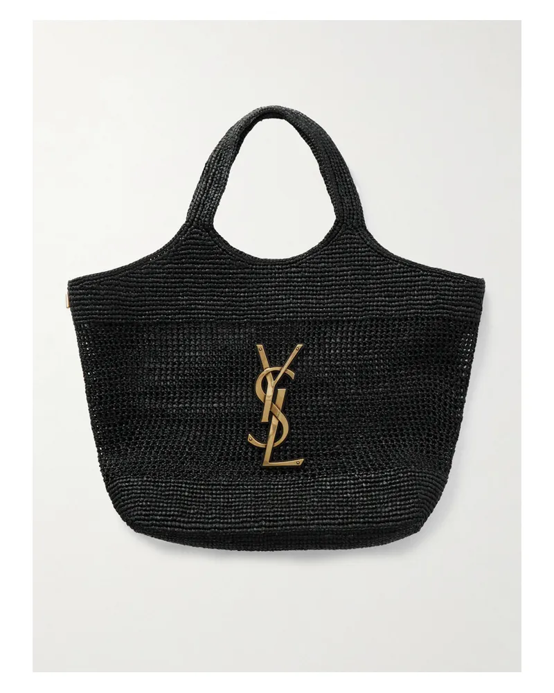 Saint Laurent Icare Maxi Embellished Raffia Tote - Black Black