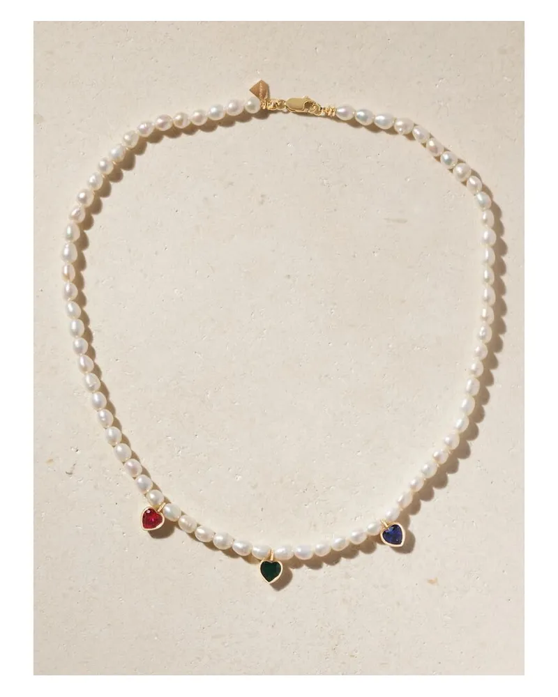 Alison Lou So Much Love Kette Mit Perlen, Mehreren Synthetischen Steinen Und Details Aus 14 Karat Gold Gold